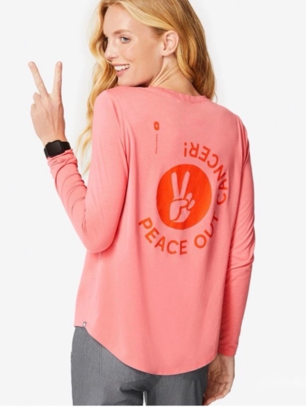 Figs Coral Pink 'Peace Out Cancer' Long-Sleeve Tee